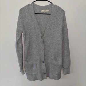 LOFT Gray Long Ribbed Cardigan Flower Gem Buttons Size Small